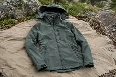 Veste softshell femme à capuche amovible et poches zippées posée près d’un sentier forestier