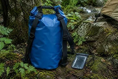 Sac étanche bleu Glymnis de 20 litres avec deux bretelles et pochette pour téléphone