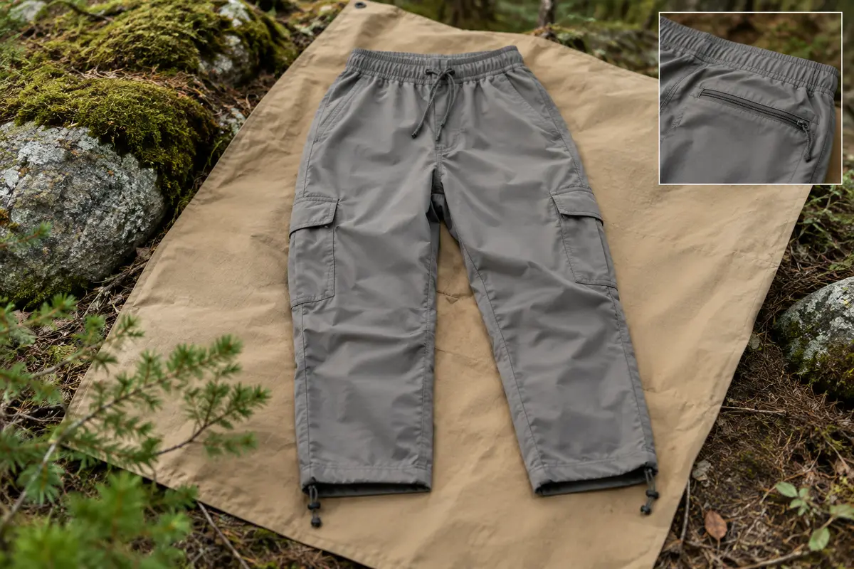 Pantalon de randonnée femme 3/4 avec poches cargo, posé sur une toile dans un sous-bois