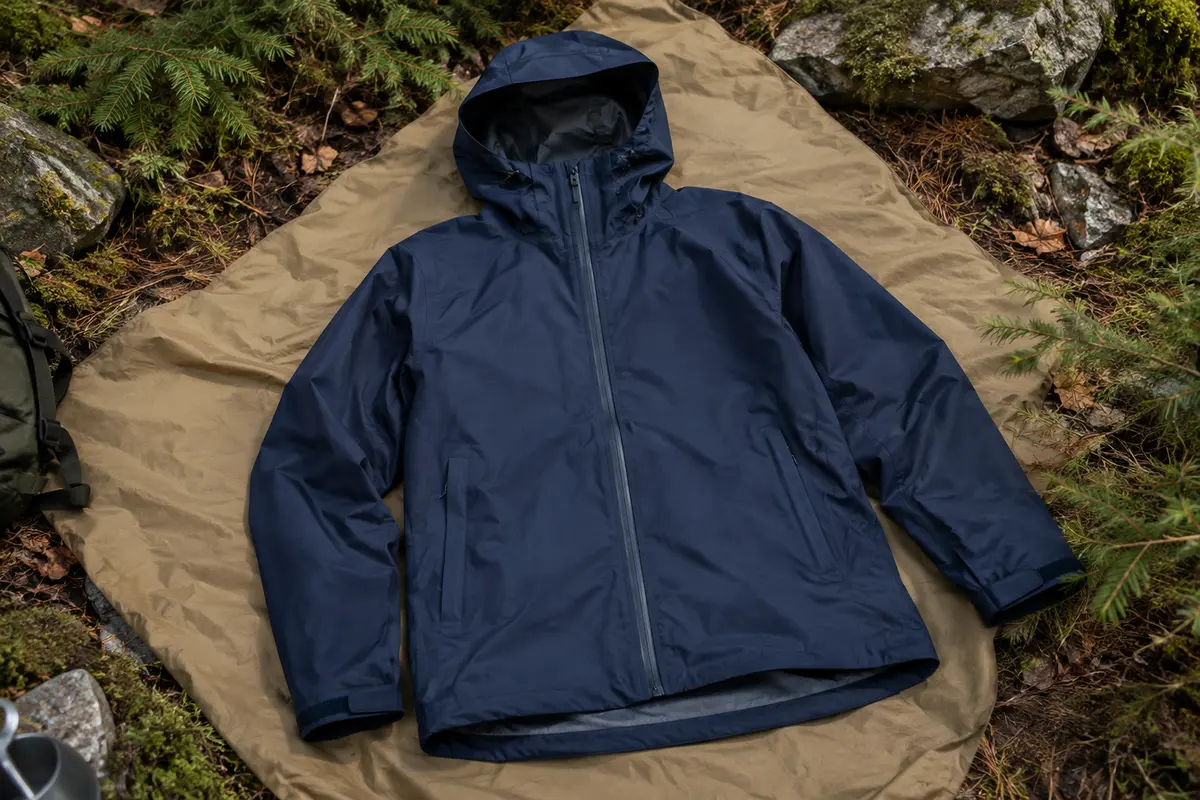 Veste imperméable Seven J bleu marine présentée à plat sur une toile sable dans un sous-bois.