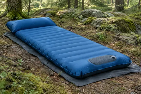 Matelas de bivouac gonflable bleu HiiPeak avec oreiller intégré, installé dans un sous-bois calme.