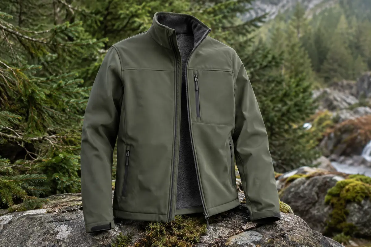 Veste softshell Höhenhorn Altus doublée de polaire, avec poches zippées, présentée dans un sous-bois