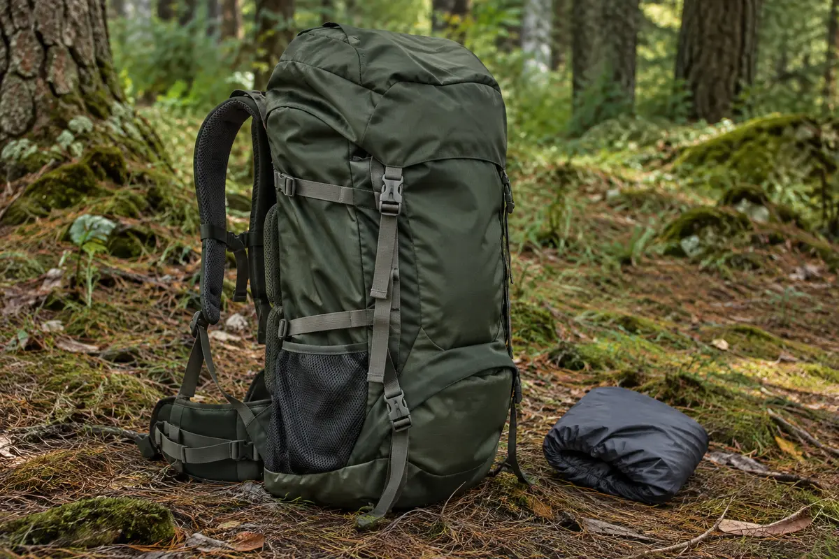 Sac à dos de randonnée HOMIEE avec sangles extérieures et housse de pluie dans un sous-bois