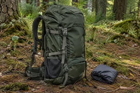 Sac à dos de randonnée HOMIEE avec sangles extérieures et housse de pluie dans un sous-bois