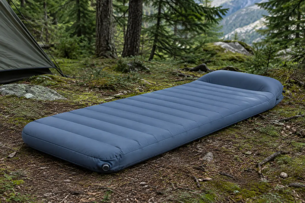 Matelas de bivouac JATEKA bleu-gris avec oreiller intégré, posé dans un sous-bois