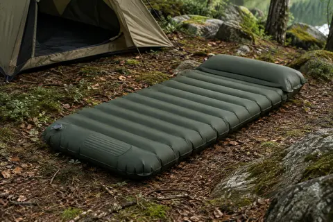 Matelas de bivouac vert armée avec oreiller intégré, installé sur un sol de sous-bois