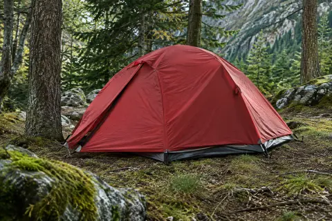 Tente de randonnée rouge pour deux personnes installée dans un sous-bois de montagne