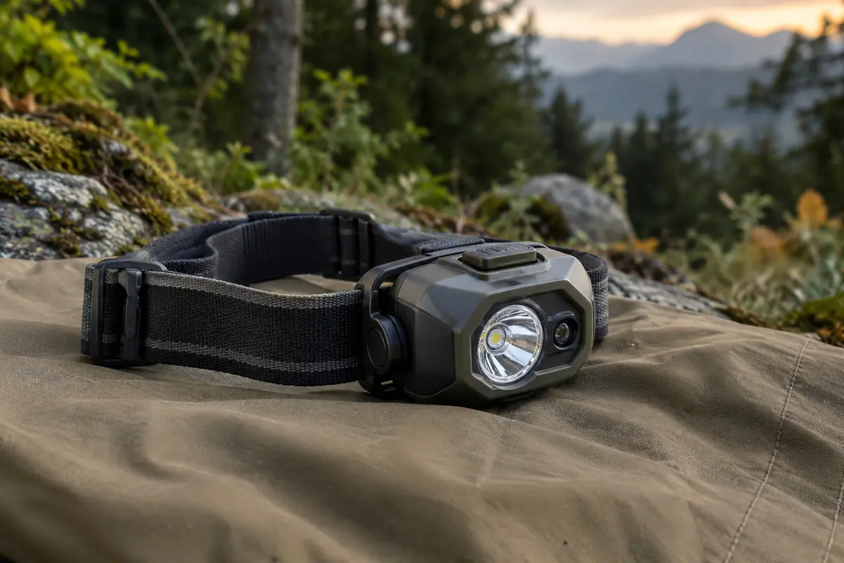 Lampe frontale Klarus HM1 en polycarbonate posée sur une toile de bivouac en sous-bois