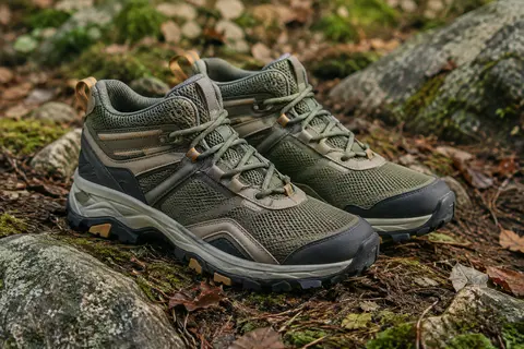 Chaussures de trail Kricely en mesh posées sur un sol de sous-bois, avec semelle extérieure en caoutchouc