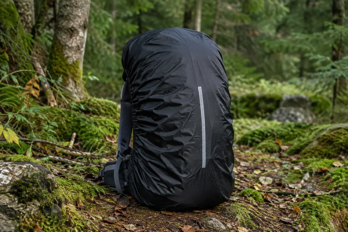 Housse de pluie noire LAMA avec bande réfléchissante, ajustée sur un sac à dos dans un sous-bois
