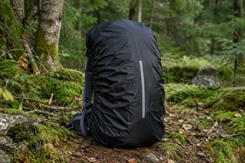 Housse de pluie noire LAMA avec bande réfléchissante, ajustée sur un sac à dos dans un sous-bois