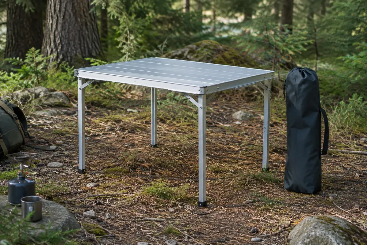 Petite table de camping pliante Ledeak en aluminium argenté avec son sac de transport, posée en sous-bois.