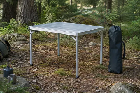 Petite table de camping pliante Ledeak en aluminium argenté avec son sac de transport, posée en sous-bois.