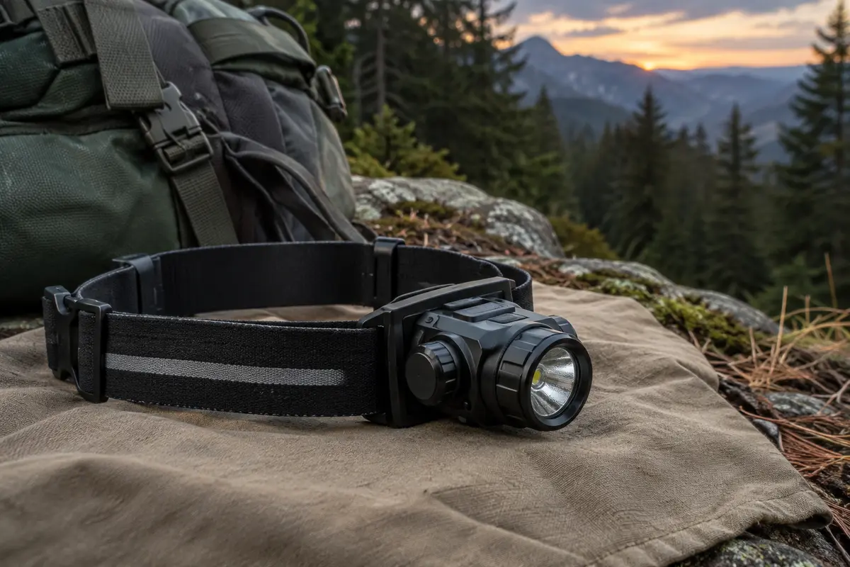 Lampe frontale noire rechargeable avec bandeau élastique, posée sur une toile dans un sous-bois