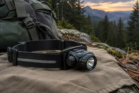 Lampe frontale noire rechargeable avec bandeau élastique, posée sur une toile dans un sous-bois