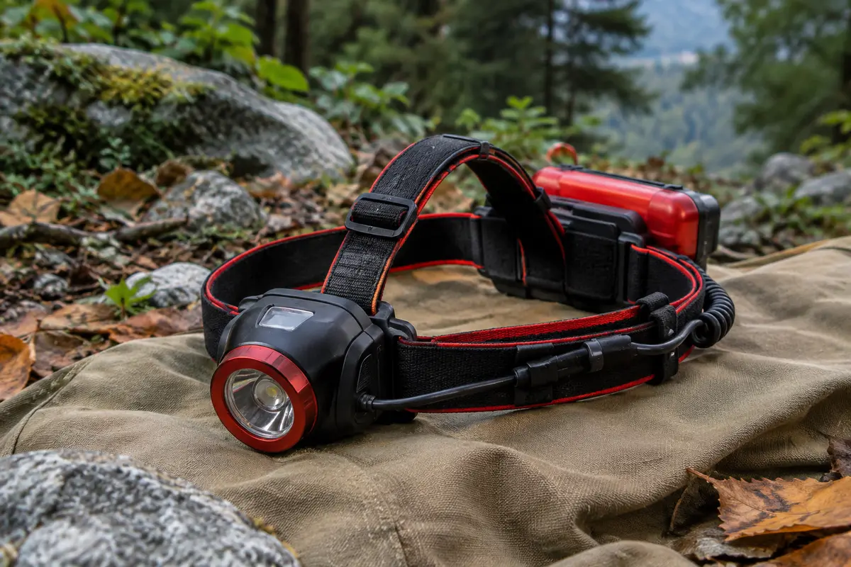 Lampe frontale noire et rouge à faisceau réglable posée sur une toile sable en sous-bois