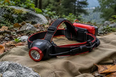 Lampe frontale noire et rouge à faisceau réglable posée sur une toile sable en sous-bois