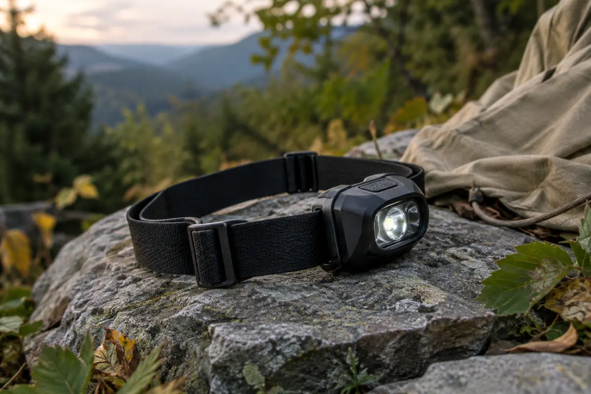 Lampe frontale noire à bandeau élastique posée sur une pierre dans un sous-bois de montagne.