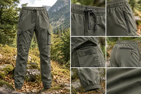 Pantalon de randonnée cargo Libin à taille réglable et poches multiples, posé dans un sous-bois