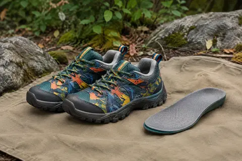 Chaussures de randonnée basses enfant multicolores avec semelle en caoutchouc, posées dans un sous-bois
