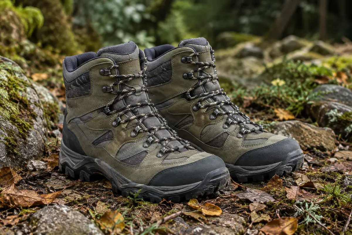Paire de chaussures de randonnée montantes en daim et nylon, avec lacets et semelles profilées en caoutchouc