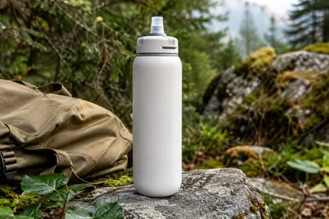 Gourde filtrante blanche LifeStraw Go Series de 1 litre posée sur une pierre en sous-bois, avec son couvercle et son embout