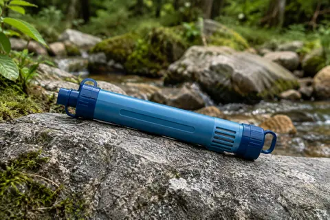Paille filtrante LifeStraw bleue avec ses bouchons, posée sur une pierre près d’un ruisseau.