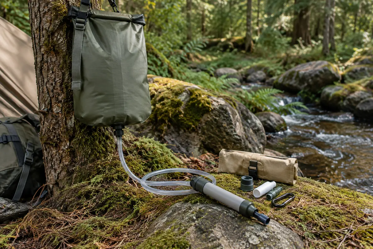 Filtre à eau par gravité avec sac souple, tuyau et paille filtrante installé dans un sous-bois