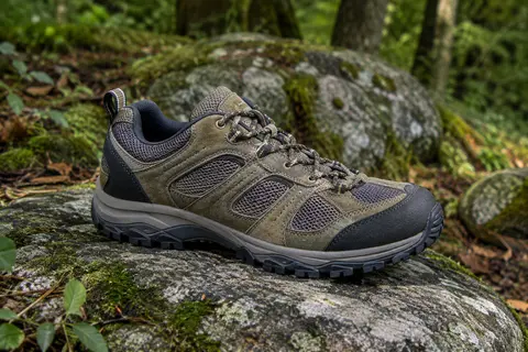 Chaussure basse Merrell Moab 3 en daim et mesh, posée sur une pierre dans un sous-bois