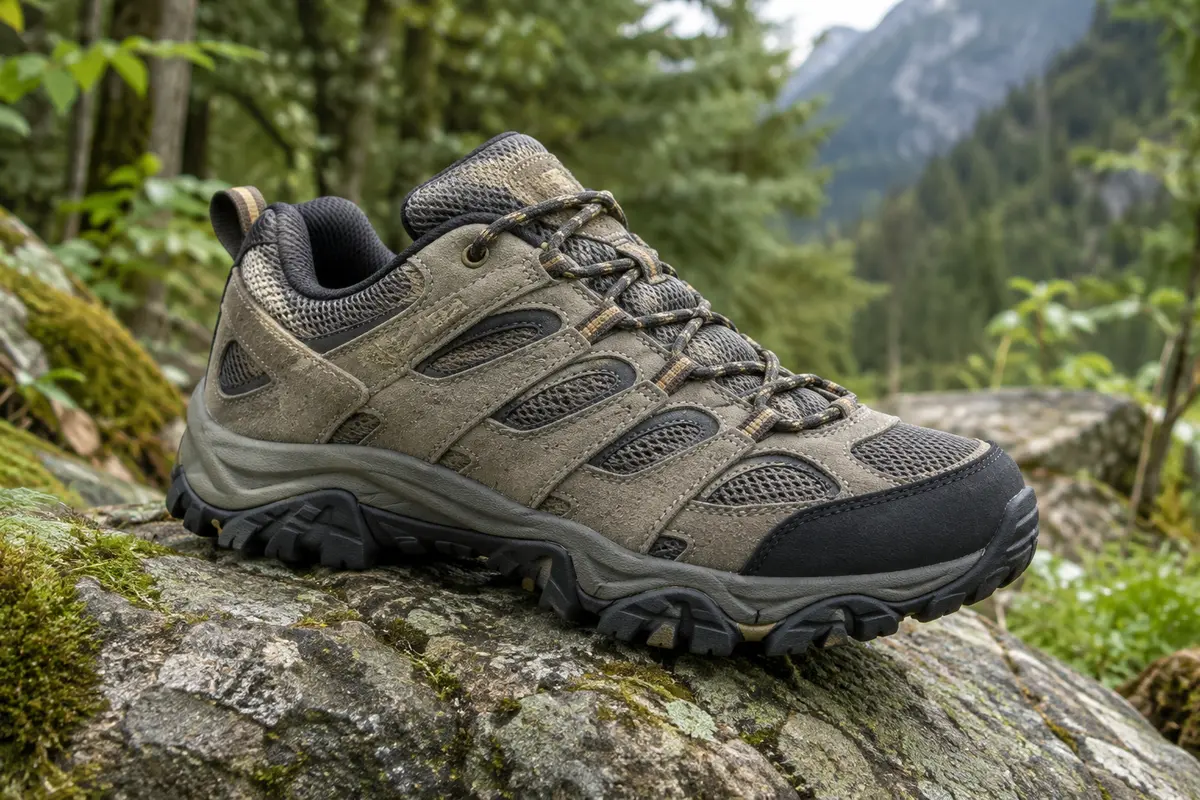 Chaussure de randonnée basse en cuir et mesh, avec semelle en caoutchouc et languette à soufflet