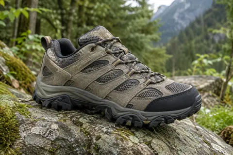 Chaussure de randonnée basse en cuir et mesh, avec semelle en caoutchouc et languette à soufflet