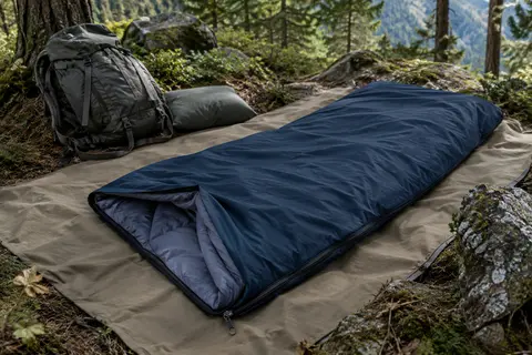 Drap de sac Miqio bleu foncé partiellement ouvert en couverture dans un décor calme de sous-bois