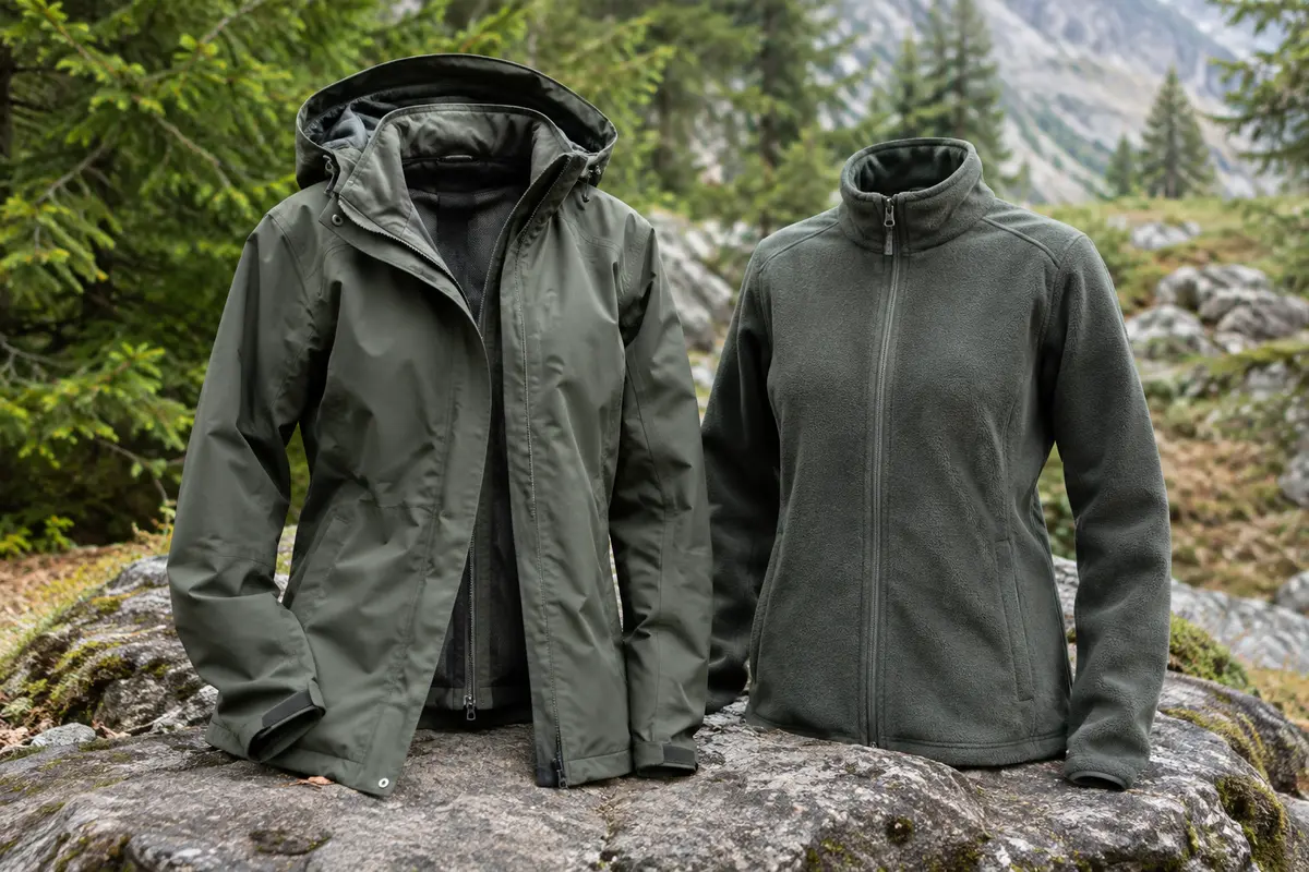 Veste Fell pour femme et polaire amovible présentées dans un sous-bois, avec capuche escamotable visible.