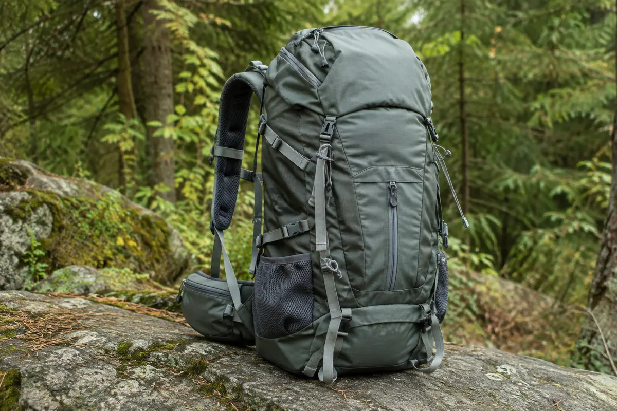 Sac à dos de randonnée MOUNTAINTOP de 40 litres posé dans un sous-bois, avec poches et sangles visibles