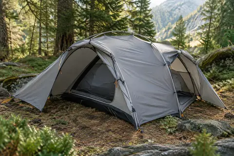 Tente de randonnée Naturehike grise à deux entrées installée dans un sous-bois de montagne