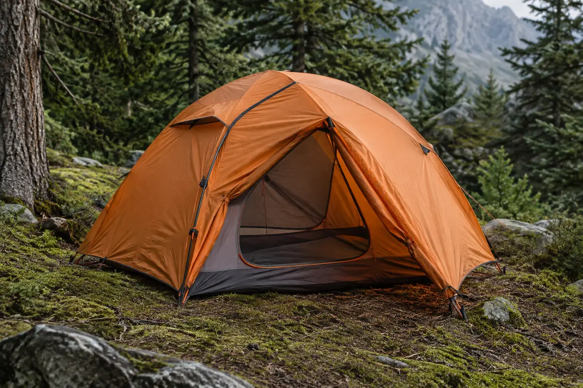 Tente dôme orange deux places installée dans un sous-bois, avec ses arceaux et son double-toit visibles.