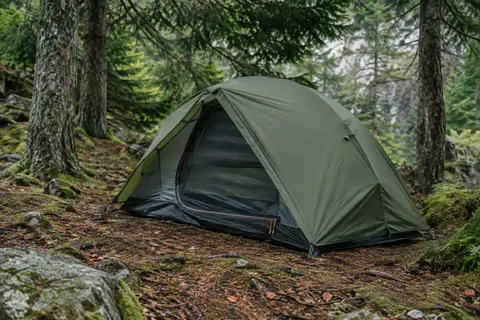 Tente dôme Night Cat vert armée pour une personne, montée dans un sous-bois avec sa porte en maille visible.