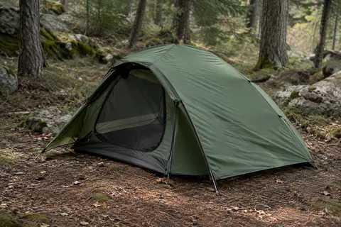 Tente pop-up verte pour une personne, installée dans un sous-bois avec sa porte et son filet visibles