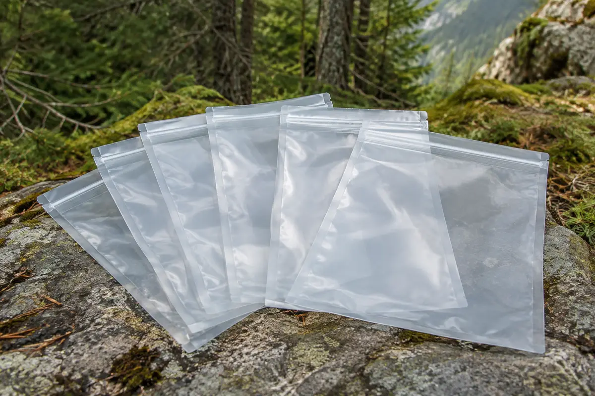Cinq pochettes étanches transparentes Noaks taille M posées sur une pierre en sous-bois