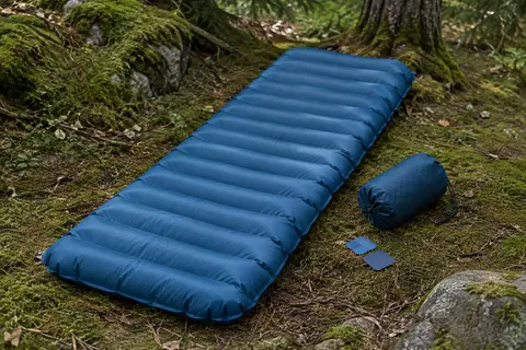 Matelas de bivouac gonflable bleu posé dans un sous-bois, avec son sac de transport et son kit de réparation