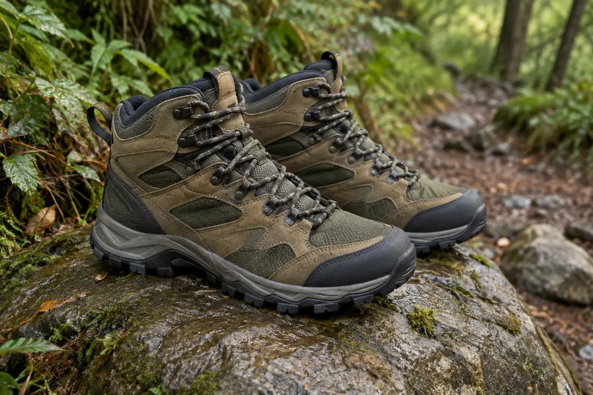 Chaussures de randonnée NORTIV 8 en nylon et similicuir, posées sur une roche en sous-bois