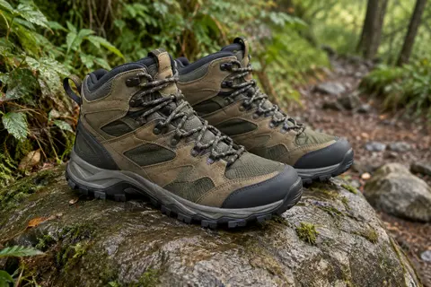 Chaussures de randonnée NORTIV 8 en nylon et similicuir, posées sur une roche en sous-bois