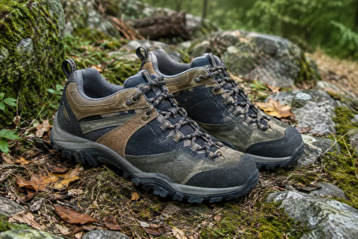 Chaussures basses NORTIV 8 en cuir suédé multicolore posées sur un sentier de sous-bois