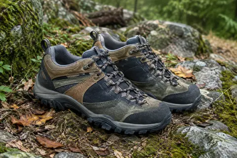 Chaussures basses NORTIV 8 en cuir suédé multicolore posées sur un sentier de sous-bois