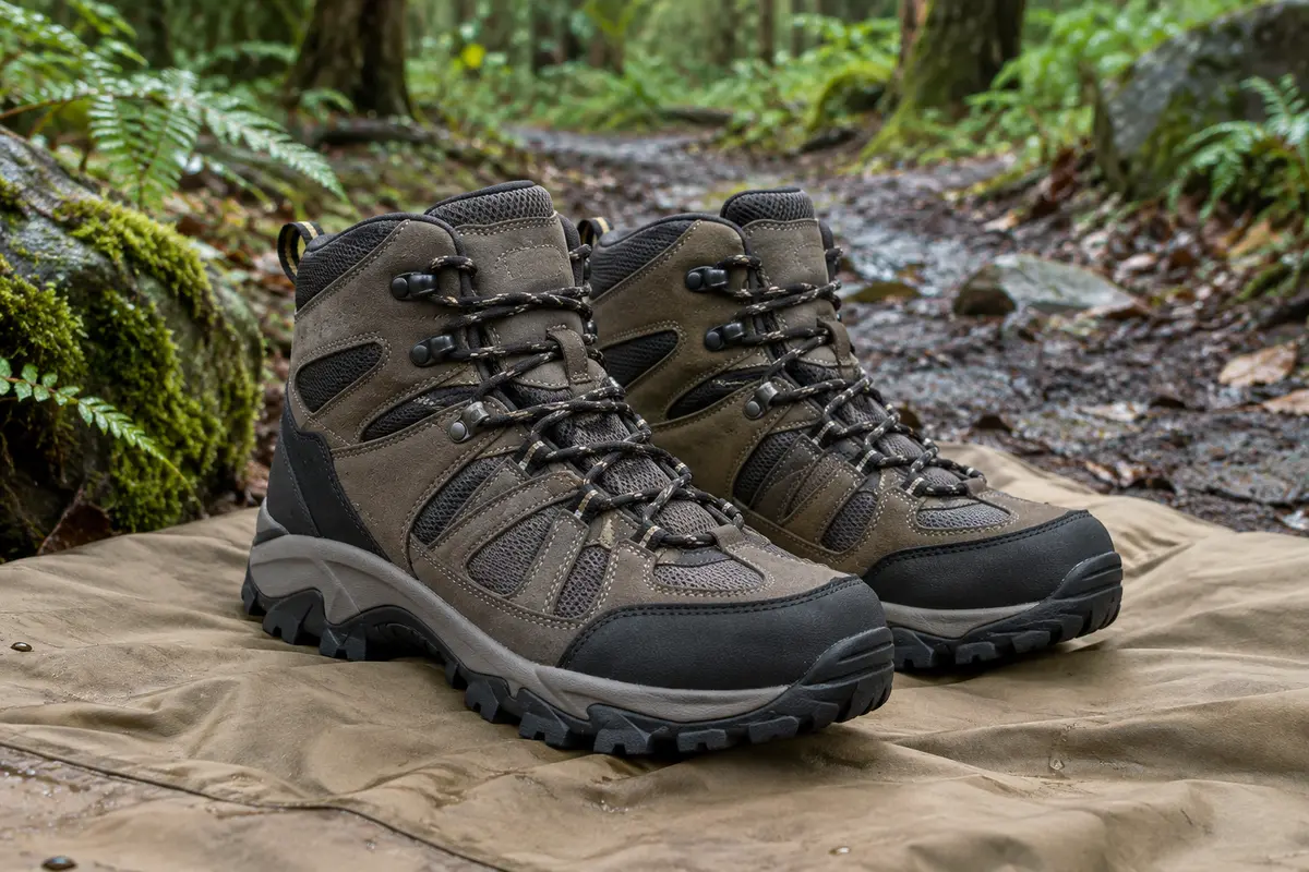 Chaussures de randonnée montantes en faux cuir et nylon avec embout protecteur et semelle à crampons