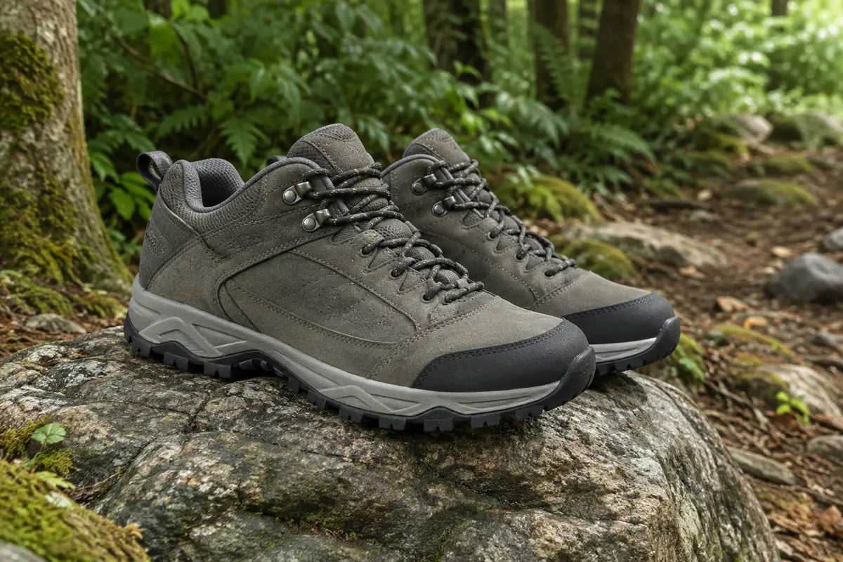 Paire de chaussures de randonnée basses pour femme posée sur une roche en sous-bois