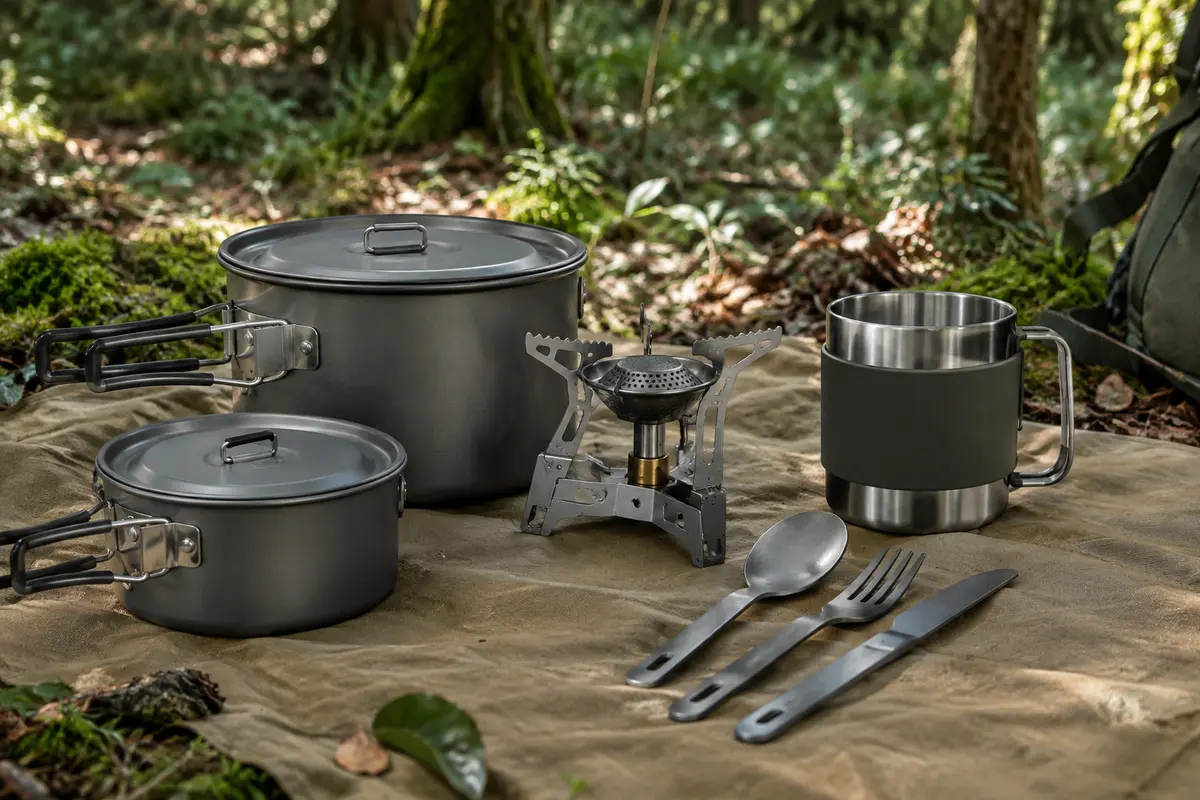 Kit de cuisson avec réchaud pliable, pots en aluminium et tasse en inox posé dans un sous-bois