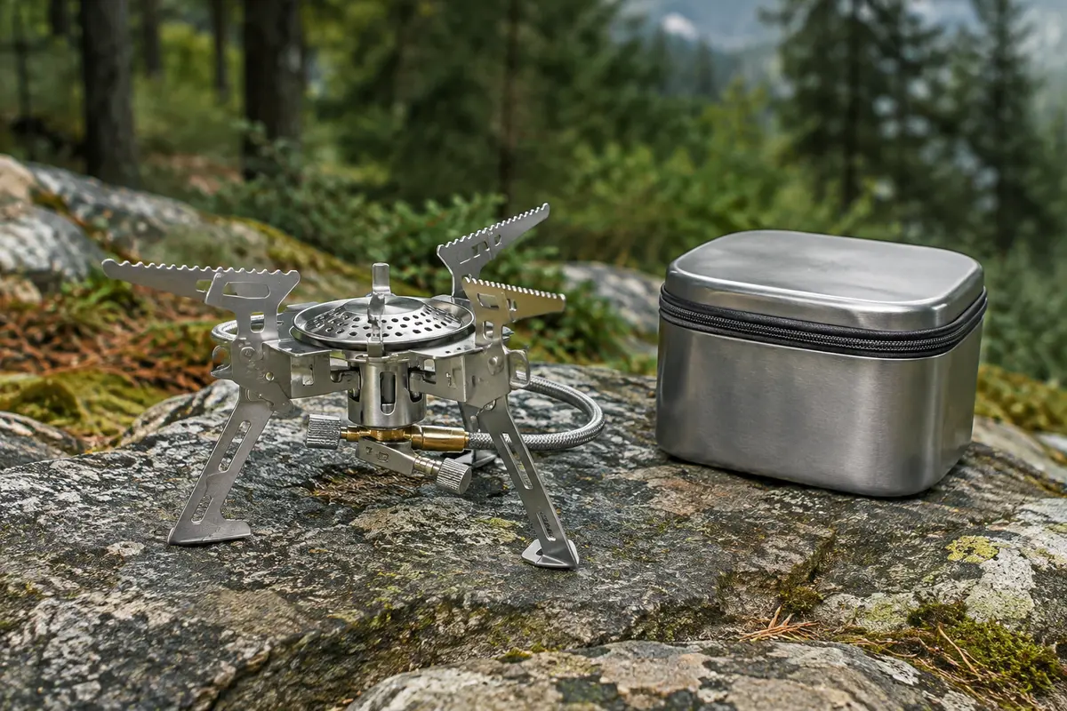 Réchaud de camping pliable Odoland en métal, avec sa boîte de rangement, posé dans un sous-bois de montagne.