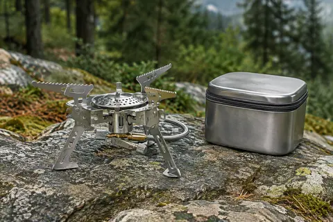 Réchaud de camping pliable Odoland en métal, avec sa boîte de rangement, posé dans un sous-bois de montagne.