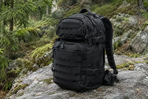 Sac à dos tactique noir de 45 litres avec sangles MOLLE, posé dans un sous-bois de montagne.